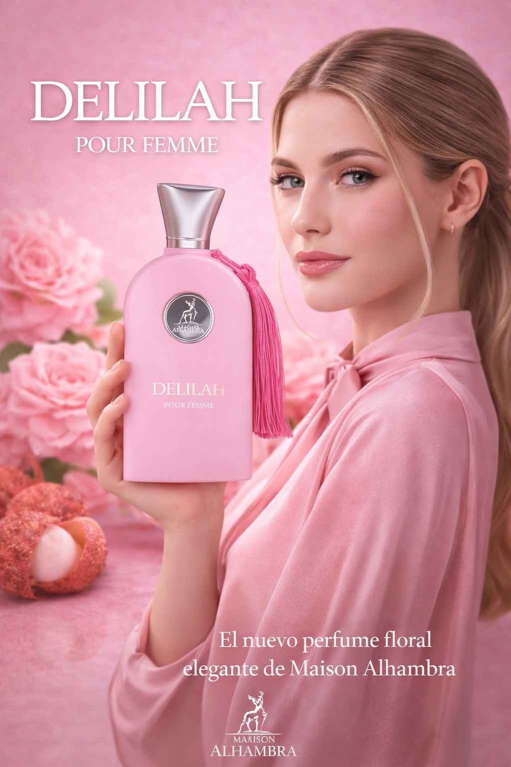 Maison Alhambra Delilah perfume con modelo en escena elegante de ambiente femenino