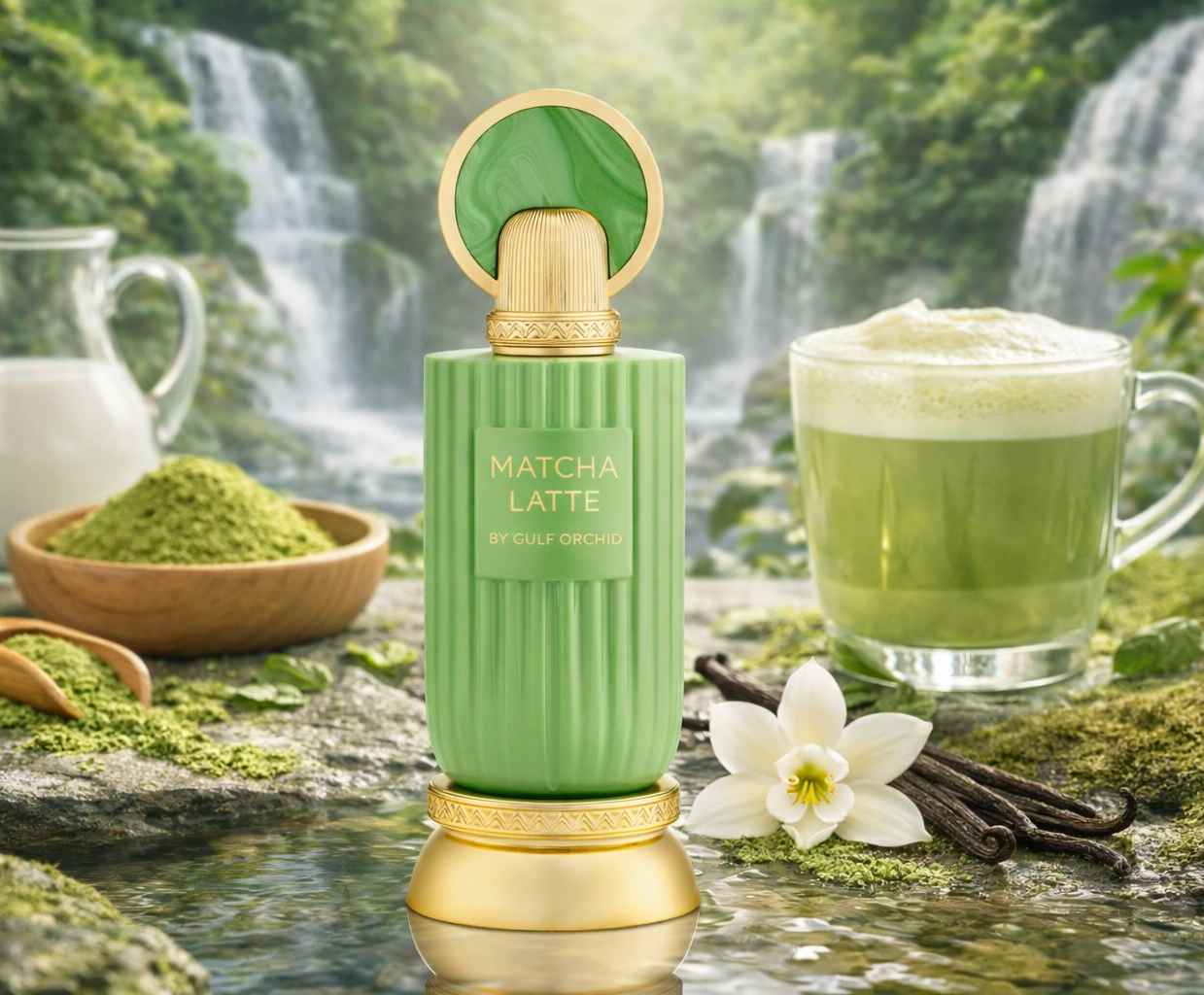 Matcha Latte Gulf Orchid perfume sobre mesa con caja abierta en escena real
