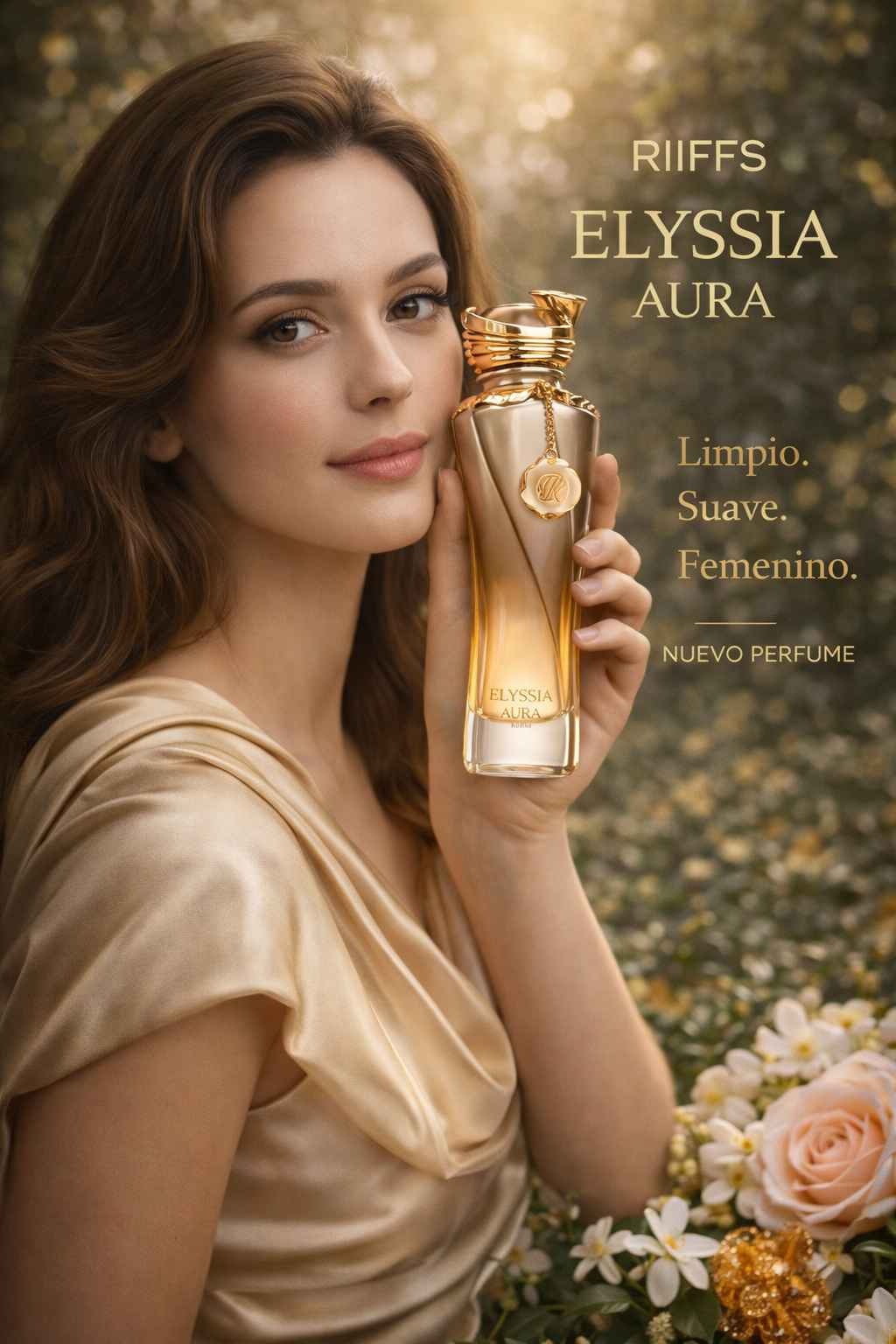 Riiffs Elyssia Aura perfume mostrado con modelo en entorno limpio con luz natural