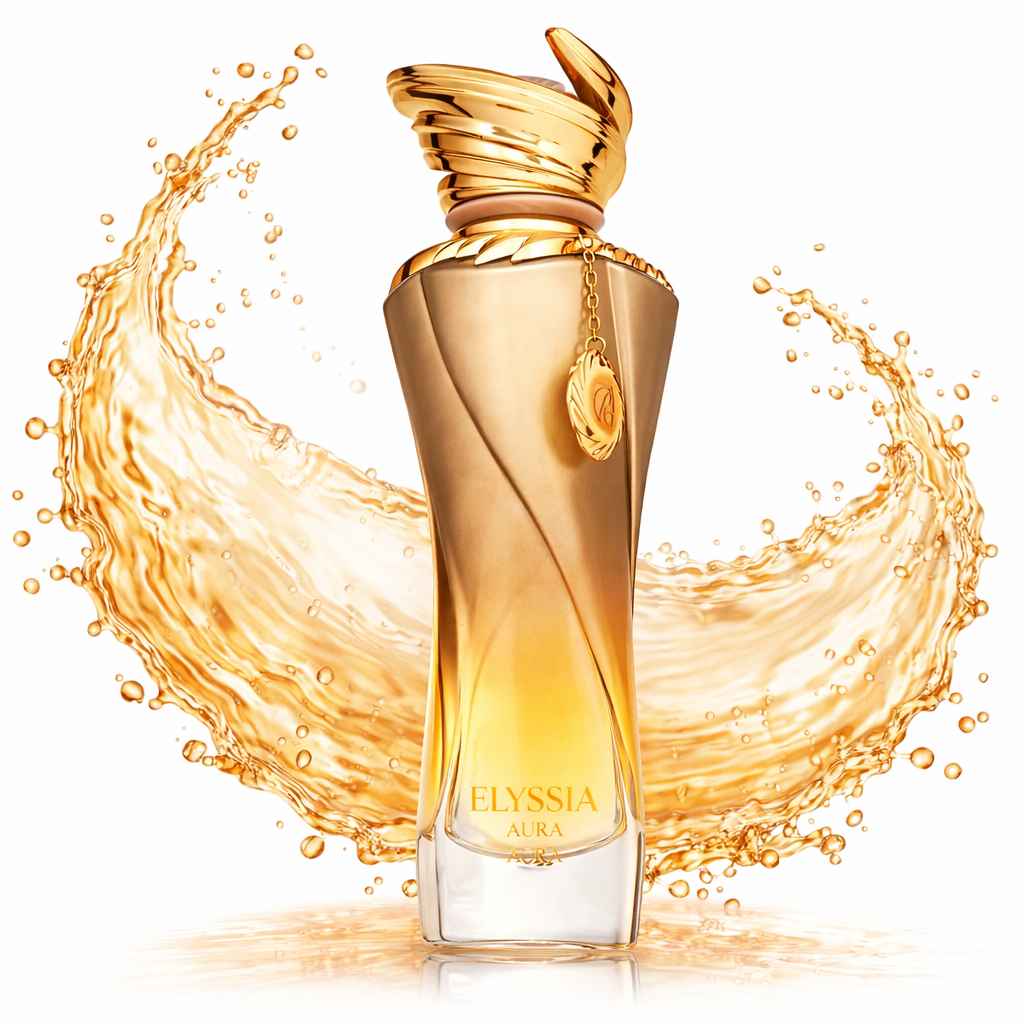 Riiffs Elyssia Aura frasco con liquido rodeando el perfume en movimiento tipo splash