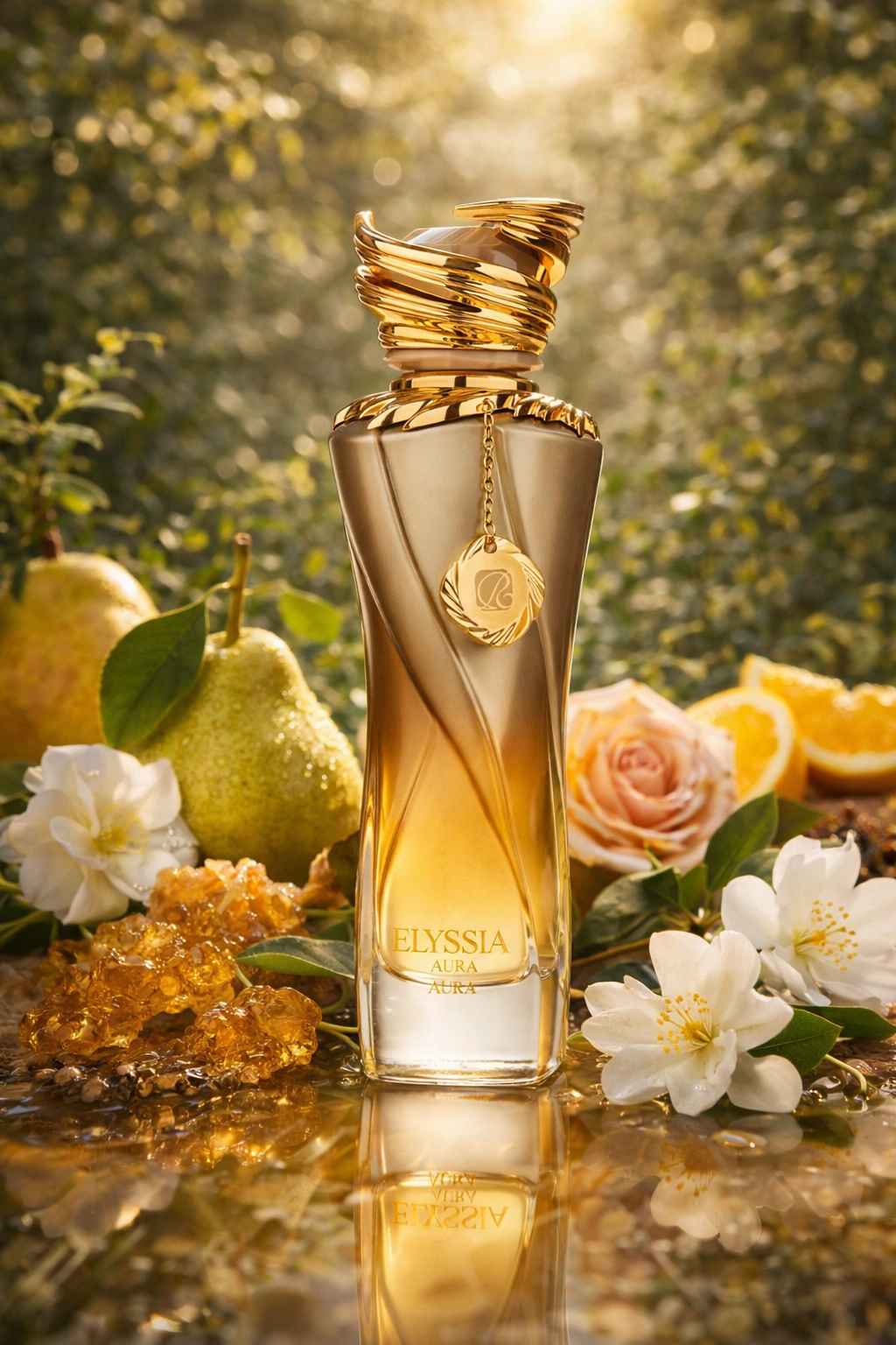 Riiffs Elyssia Aura escena con flores y frutas suaves en ambiente natural luminoso