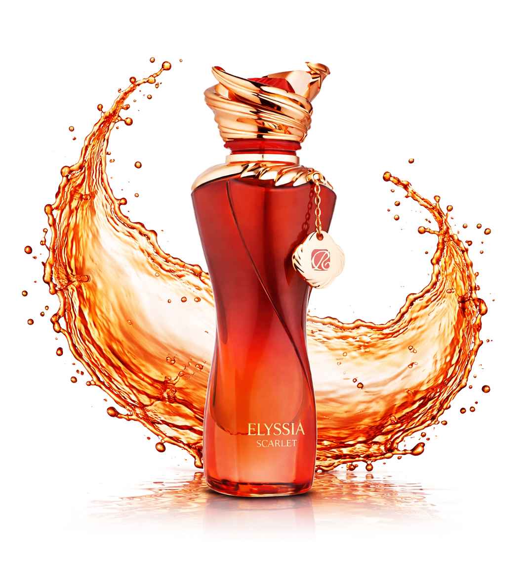 Riiffs Elyssia Scarlet frasco rodeado de liquido en movimiento con efecto visual intenso