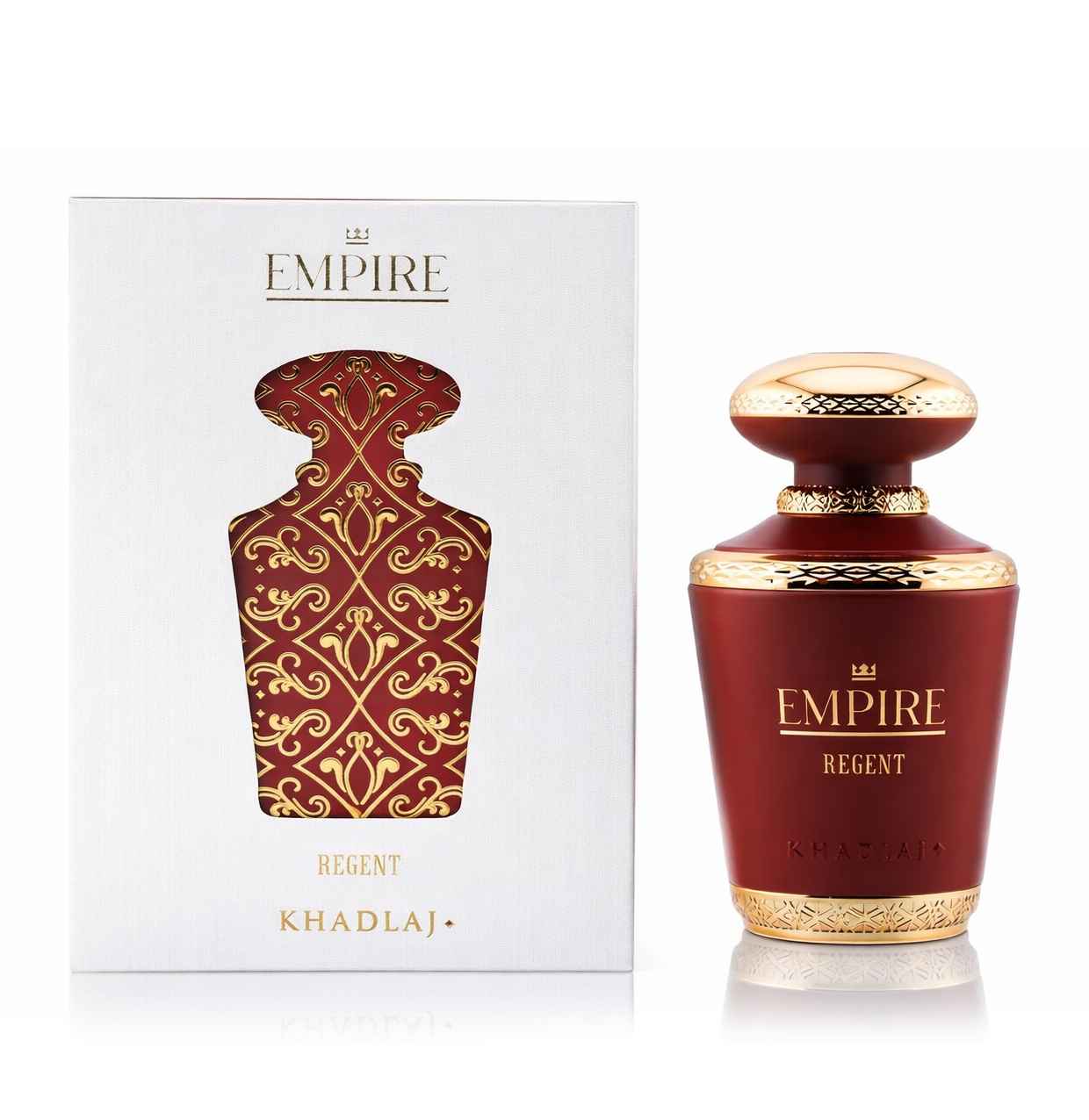 Khadlaj Empire Regent presentación en estudio con caja y frasco bien iluminado