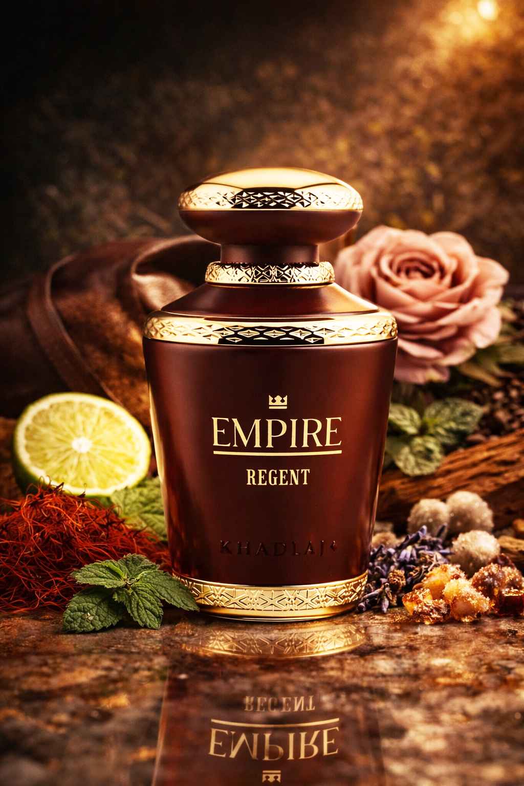 Khadlaj Empire Regent escena con madera cuero y elementos naturales alrededor