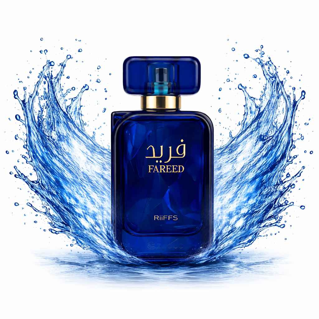 Riiffs Fareed frasco de perfume con splash azul y líquido en movimiento