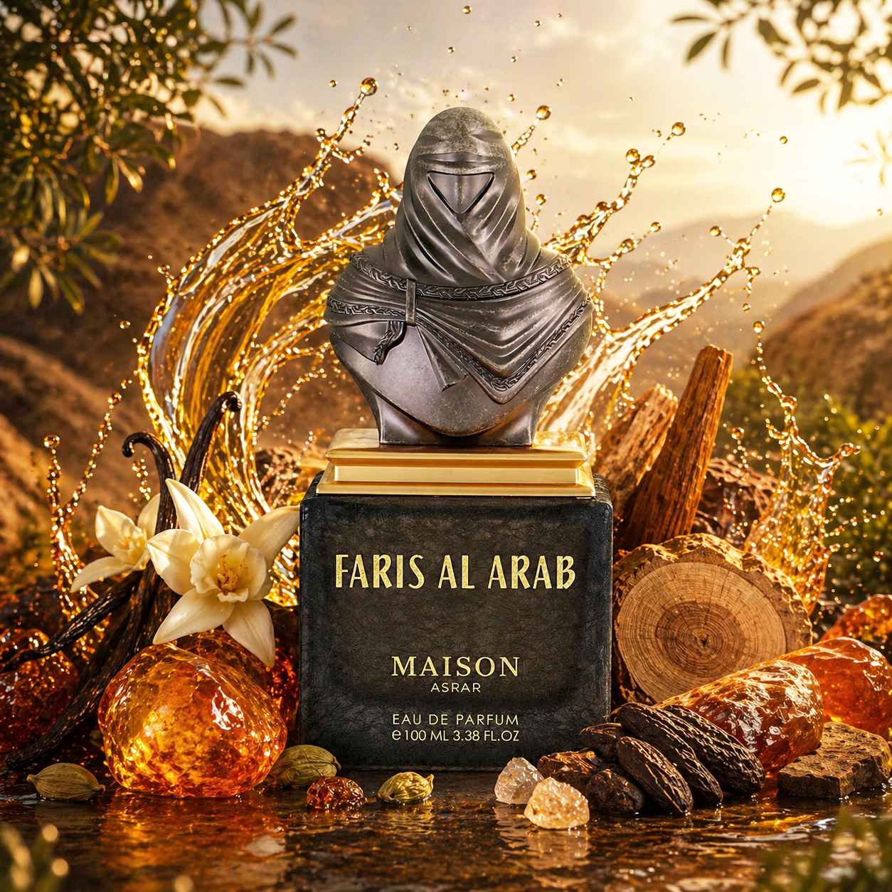Maison Asrar Faris Al Arab composición cálida con fondo nocturno y maderas.