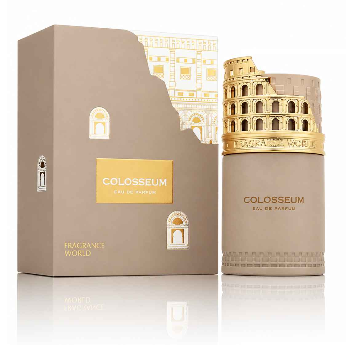 Fragrance World Colosseum presentación limpia con caja y frasco en estudio iluminado