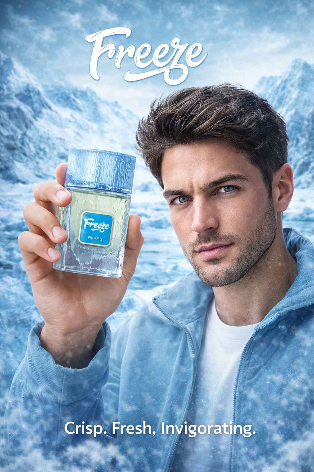 Riiffs Freeze perfume con modelo elegante en ambiente fresco y moderno