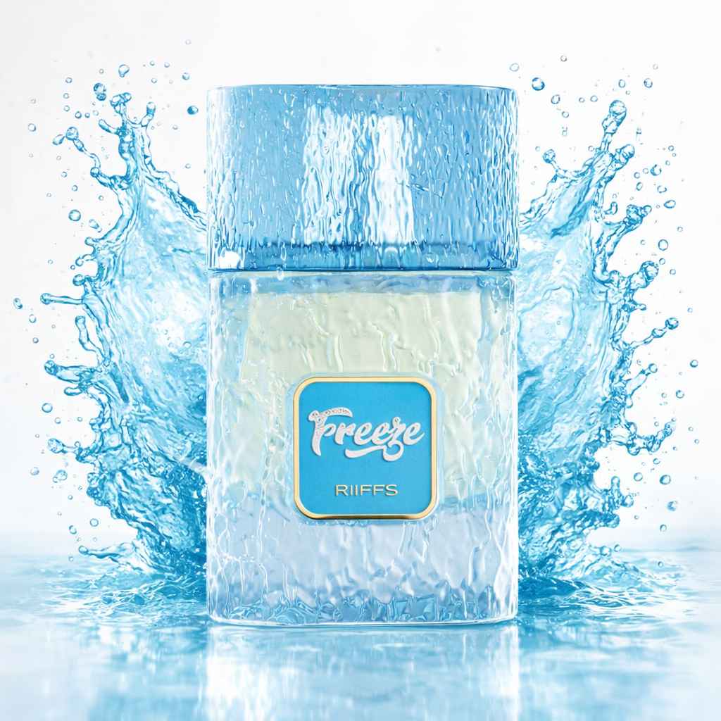 Riiffs Freeze frasco de perfume con splash azul helado y líquido en movimiento