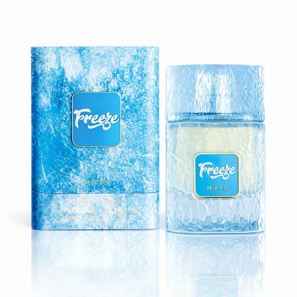 Riiffs Freeze caja original y frasco sobre fondo blanco con reflejo limpio