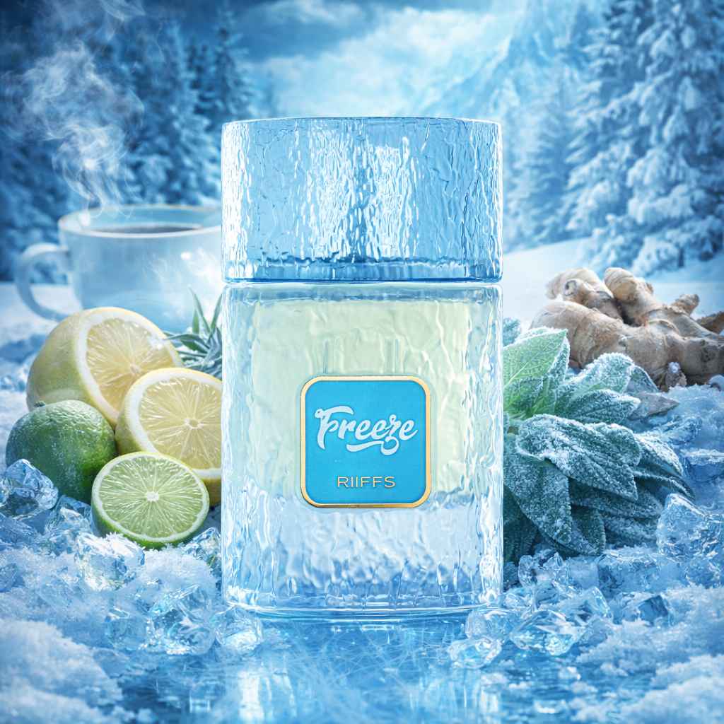 Riiffs Freeze frasco rodeado de limón, menta y cítricos en escena natural fresca