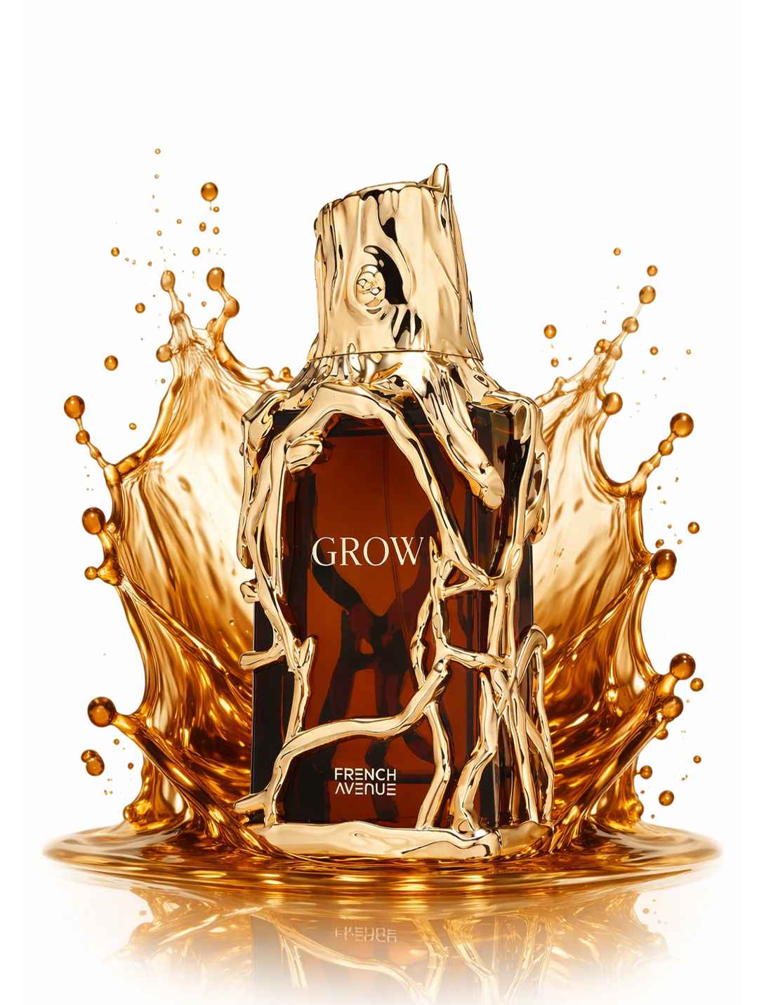 French Avenue Grow frasco con efecto líquido envolvente en movimiento sobre fondo limpio