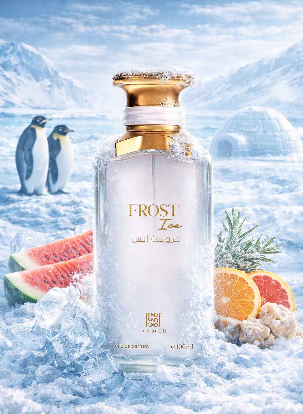 Ahmed Al Maghribi Frost Ice frasco con caja abierta en composición real