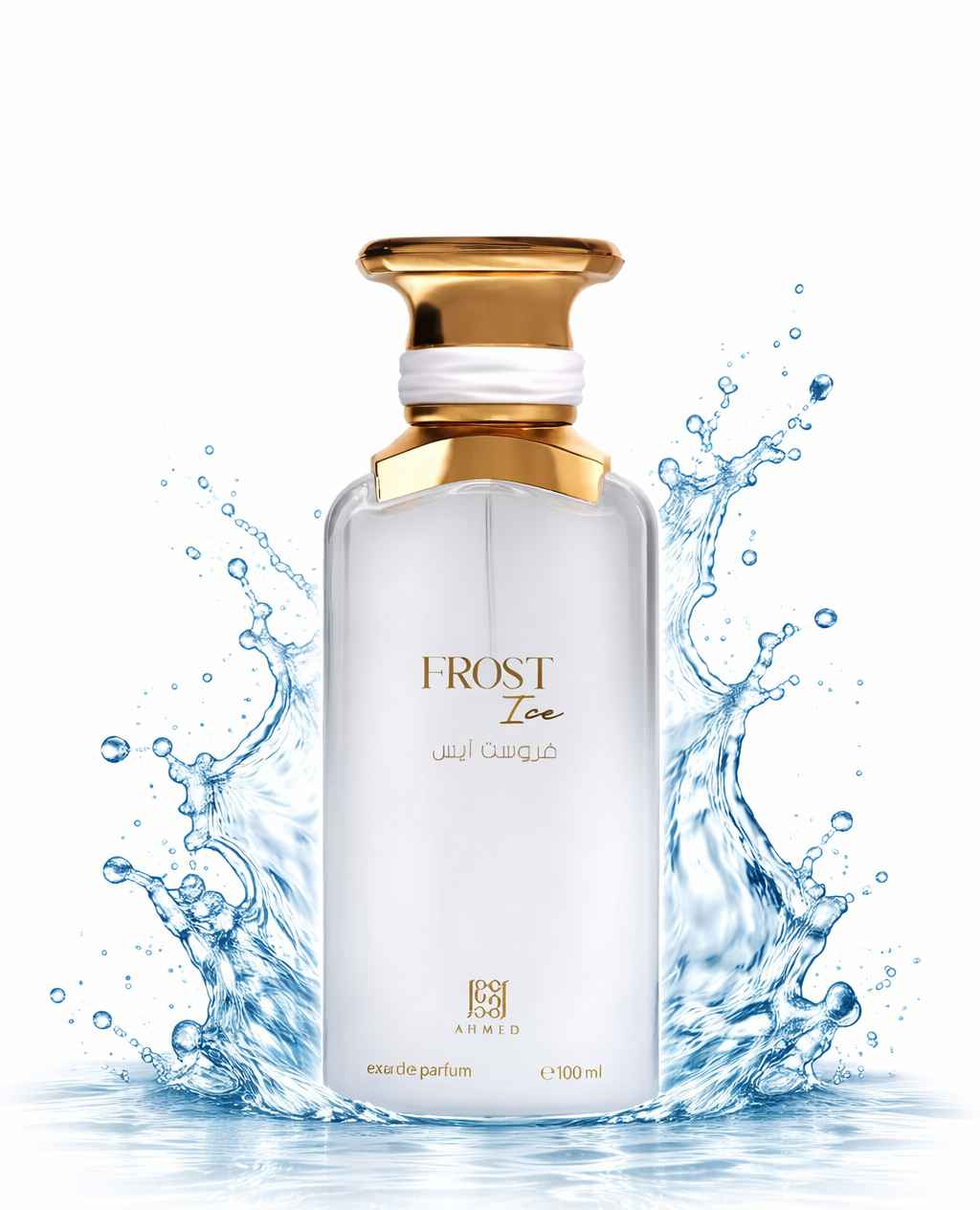 Ahmed Al Maghribi Frost Ice frasco con splash azul acuático sobre fondo blanco