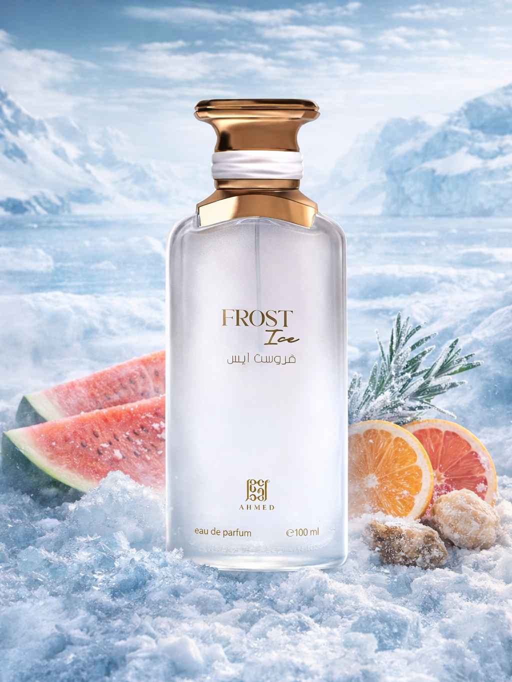 Ahmed Al Maghribi Frost Ice frasco rodeado de cítricos y notas marinas frescas
