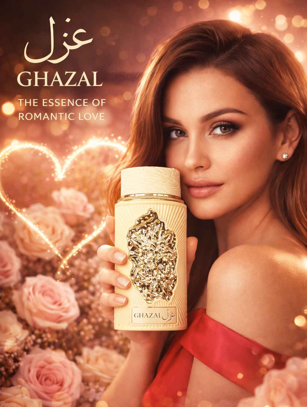 Presentación completa del perfume Ghazal con caja floral grabada