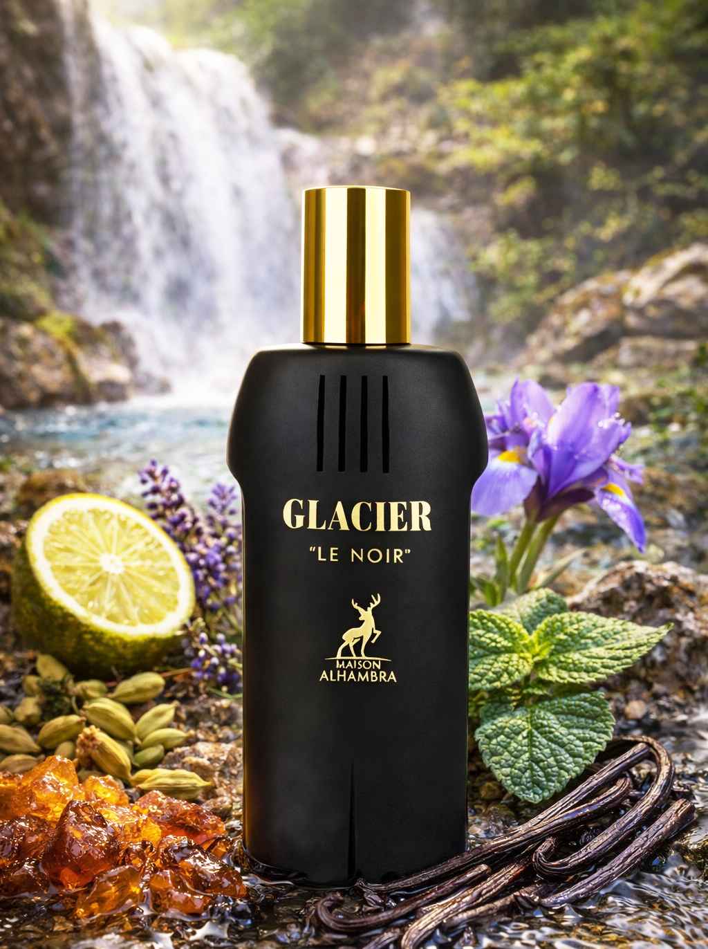 Glacier Le Noir detalle del frasco con diseño sofisticado