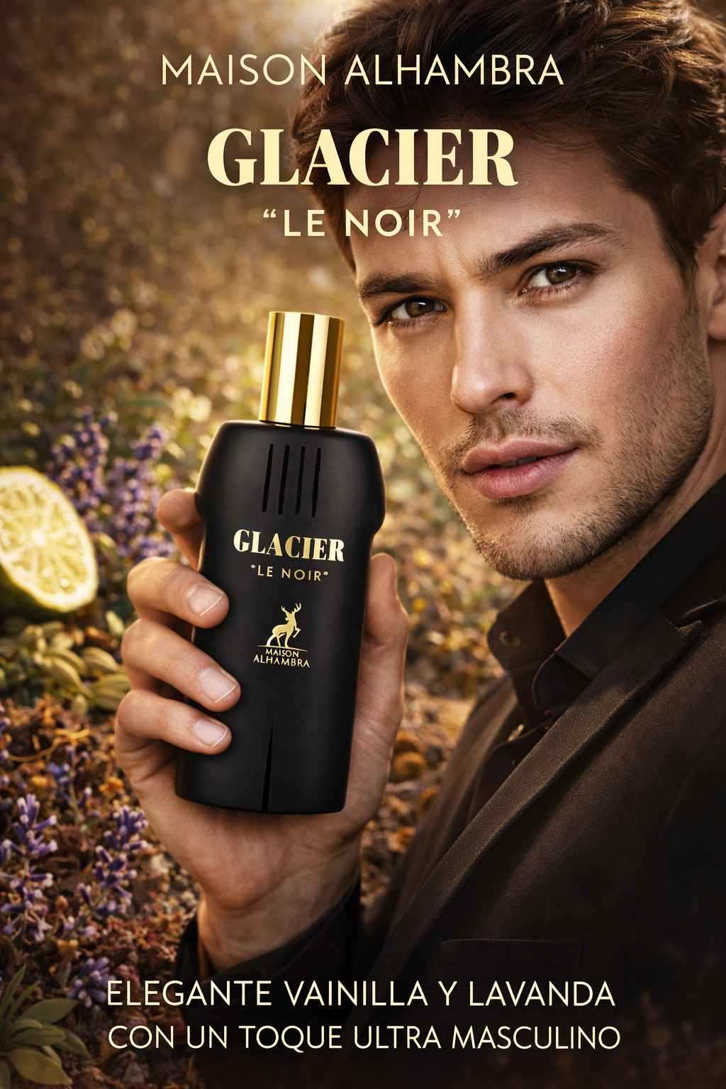Glacier Le Noir perfume en ambiente nocturno elegante