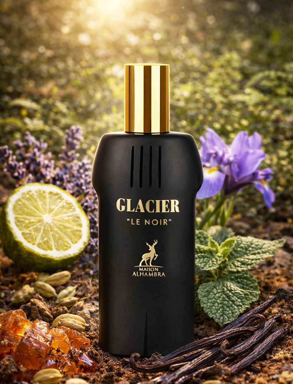 Glacier Le Noir frasco iluminado resaltando tonos cálidos