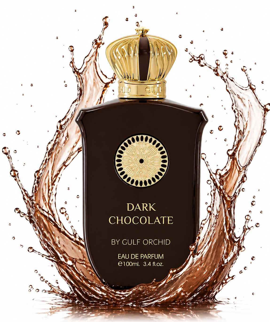 Gulf Orchid Dark Chocolate frasco con líquido en movimiento rodeando el perfume en efecto splash dinámico