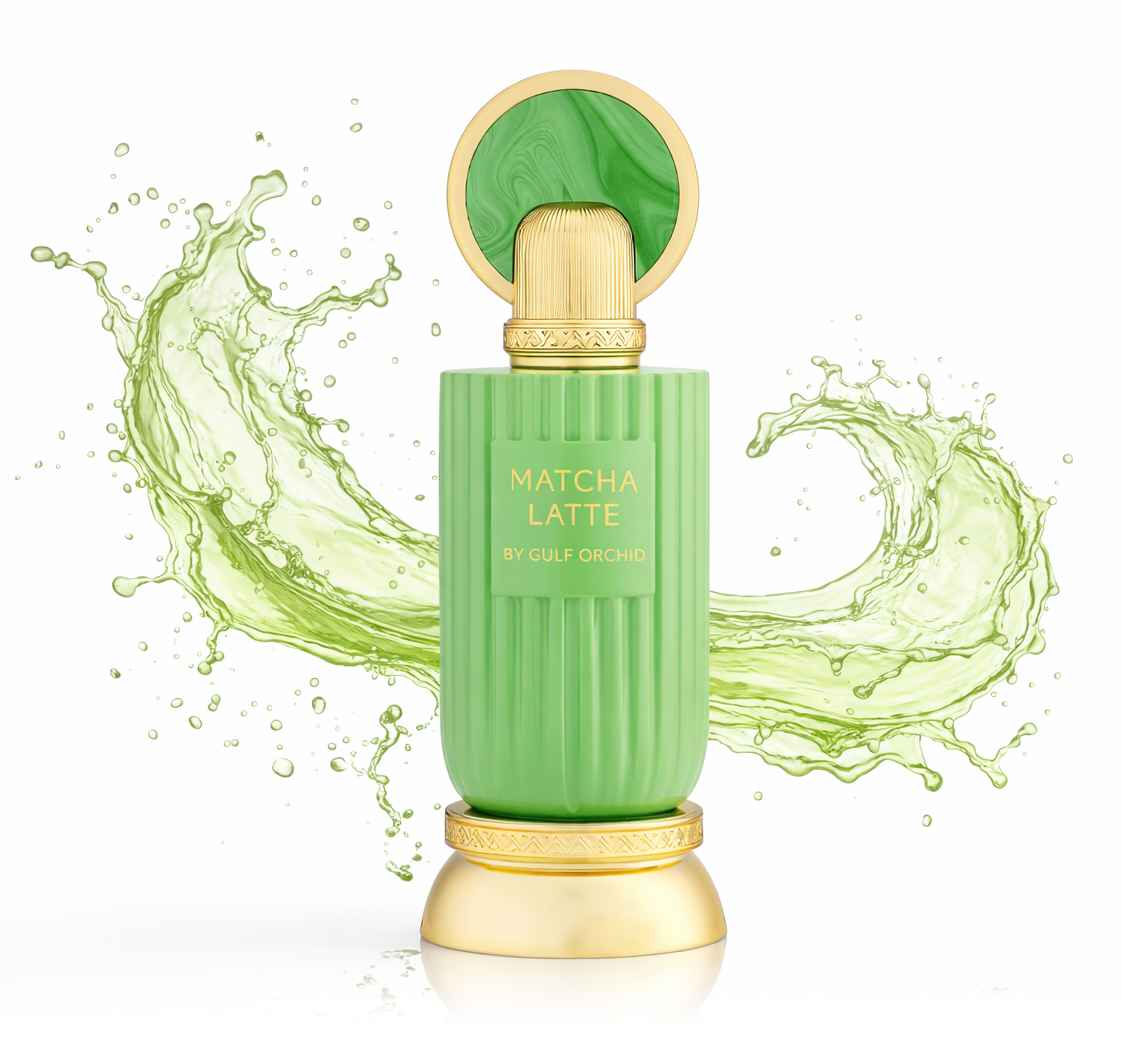 Gulf Orchid Matcha Latte frasco perfume con líquido en movimiento estilo splash