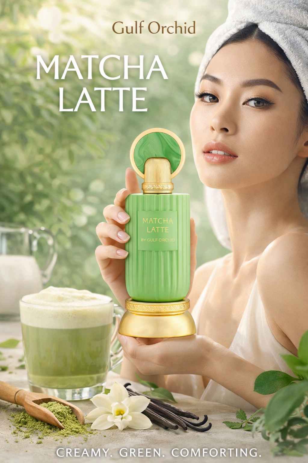 Gulf Orchid Matcha Latte perfume con modelo en ambiente relajado