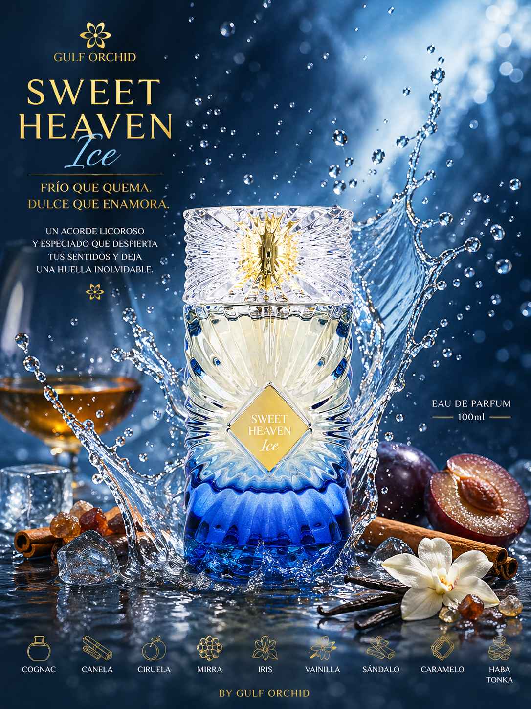 Gulf Orchid Sweet Heaven Ice escena natural con cognac, canela y vainilla alrededor