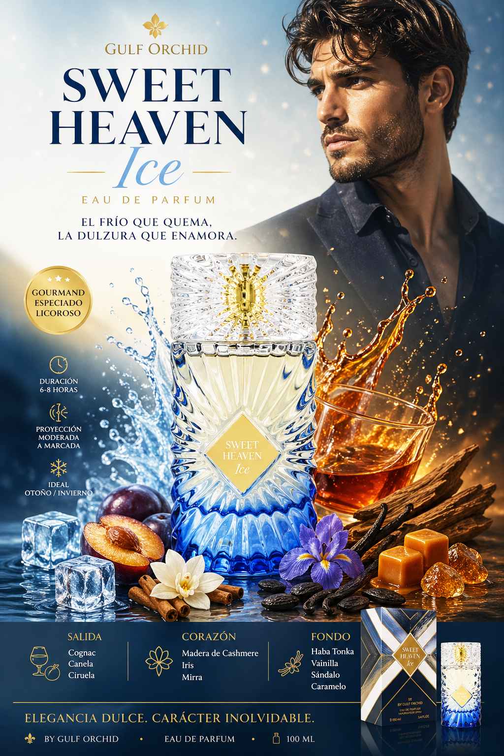 Gulf Orchid Sweet Heaven Ice anuncio publicitario con modelo y ambiente nocturno cálido