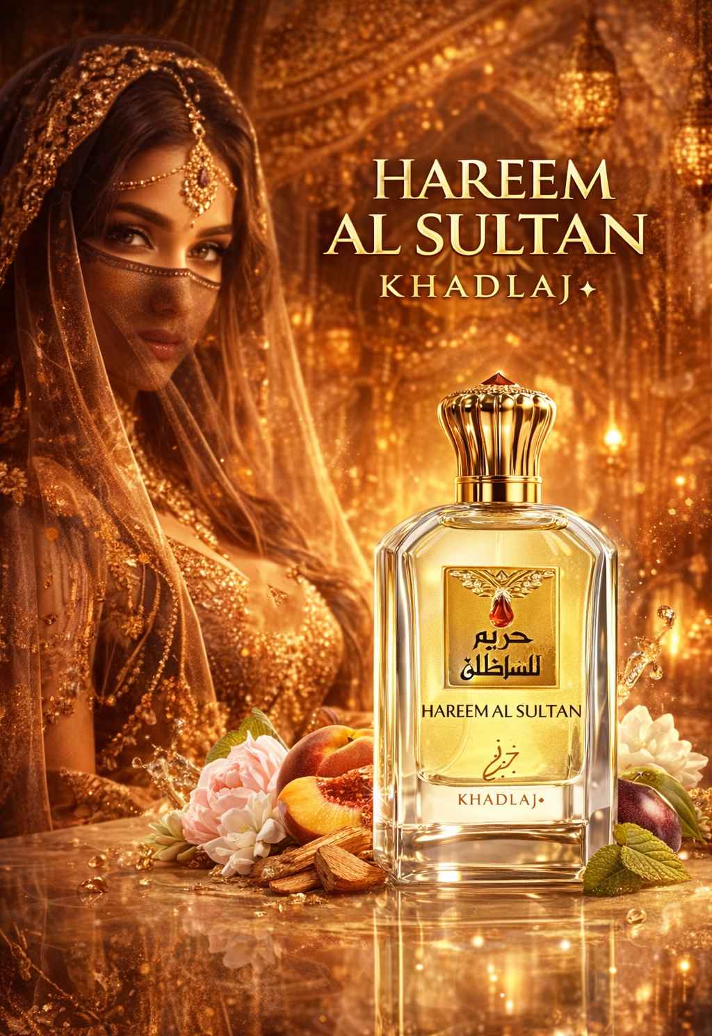 botella Hareem Sultan Gold detalle lujo dorado brillo real