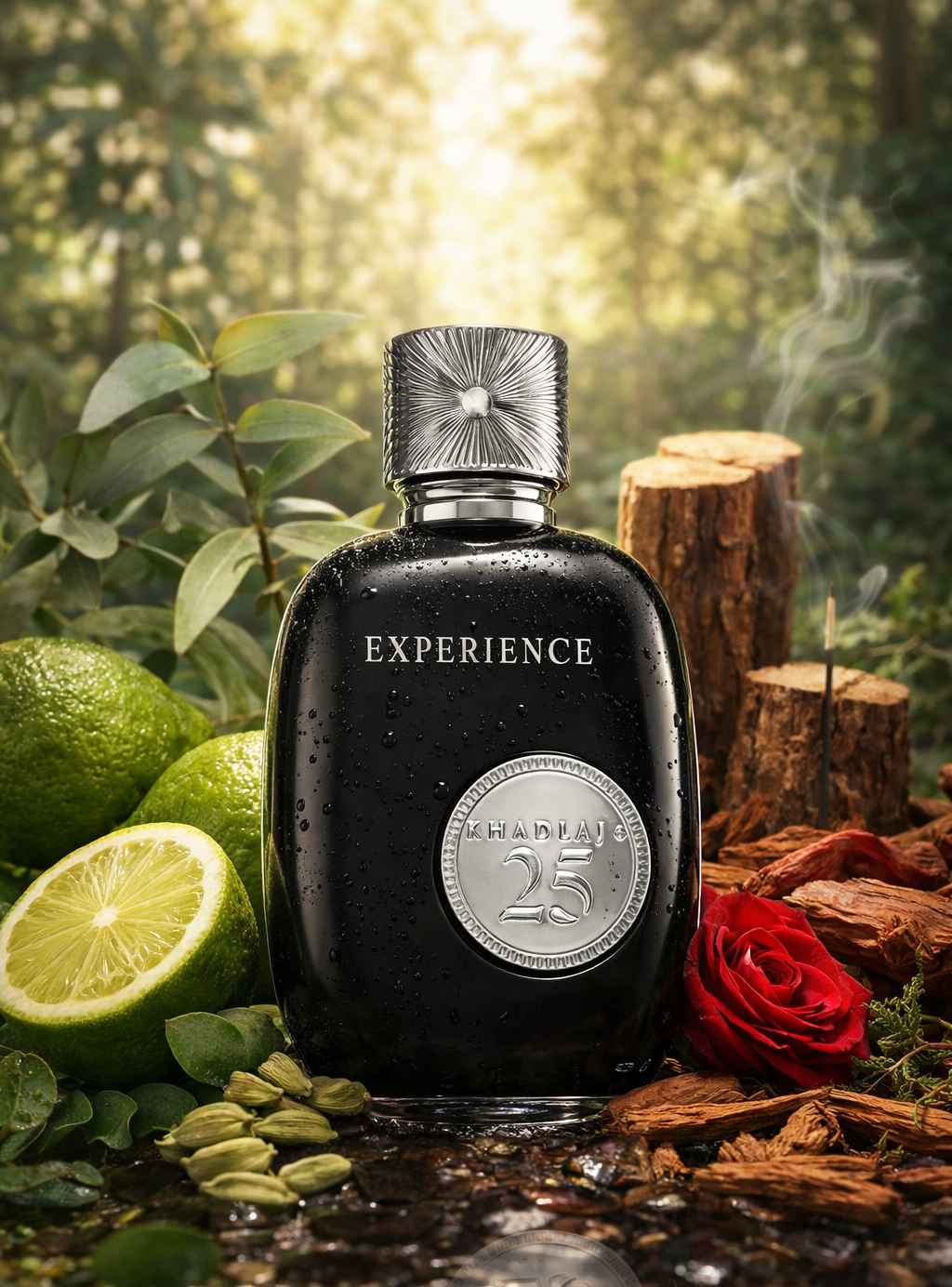 Khadlaj 25 Experience composición con notas frescas y elementos naturales alrededor