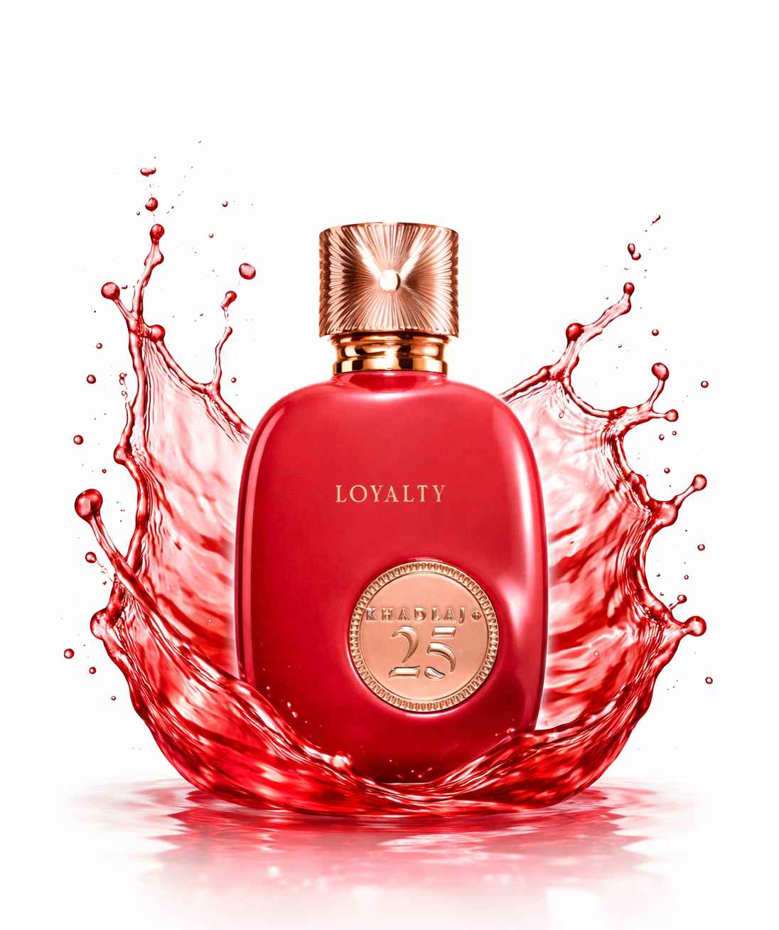 Khadlaj 25 Loyalty perfume con efecto splash y líquido rojo semitransparente
