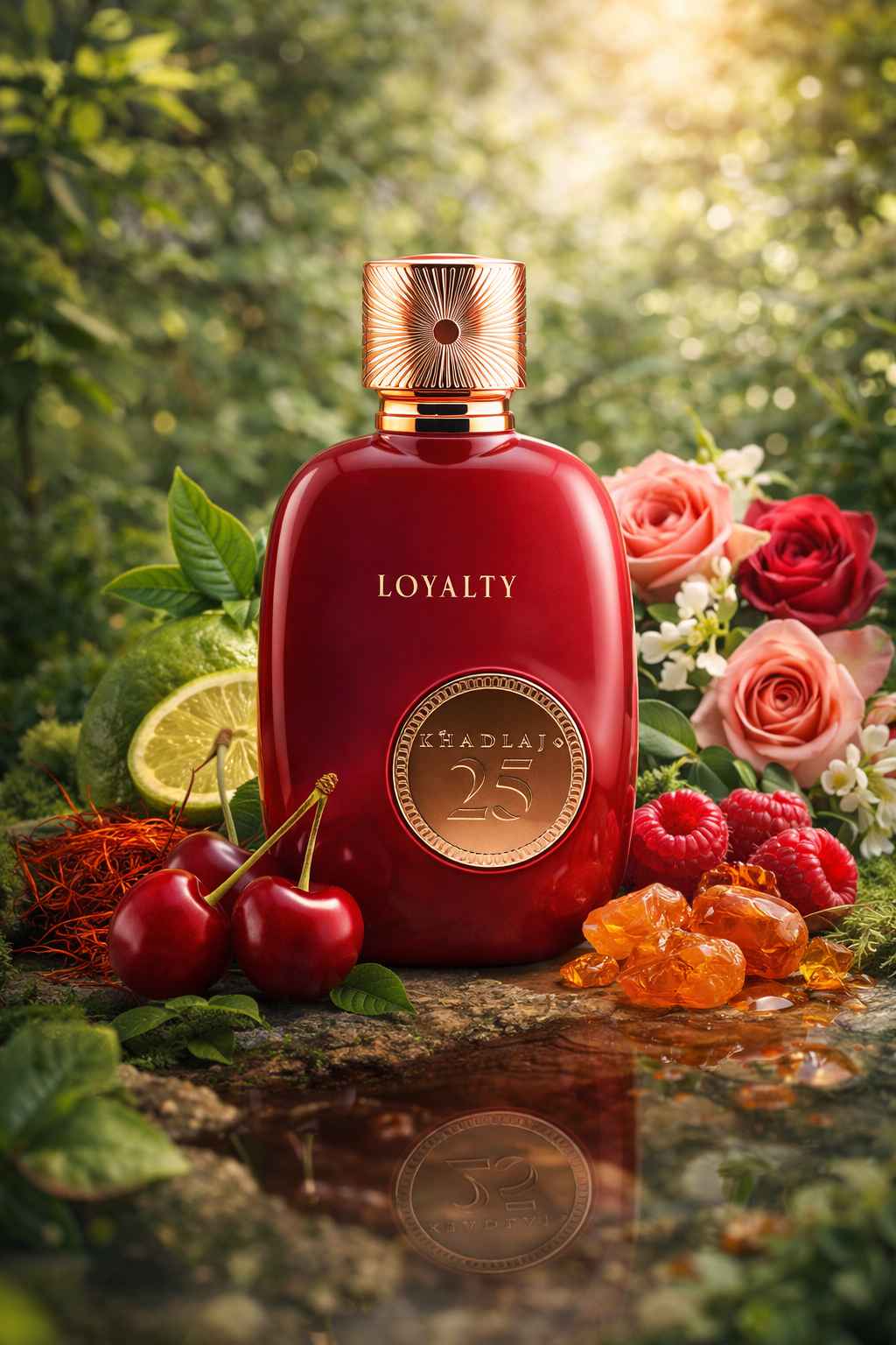 Khadlaj 25 Loyalty perfume en entorno luminoso con notas afrutadas visibles