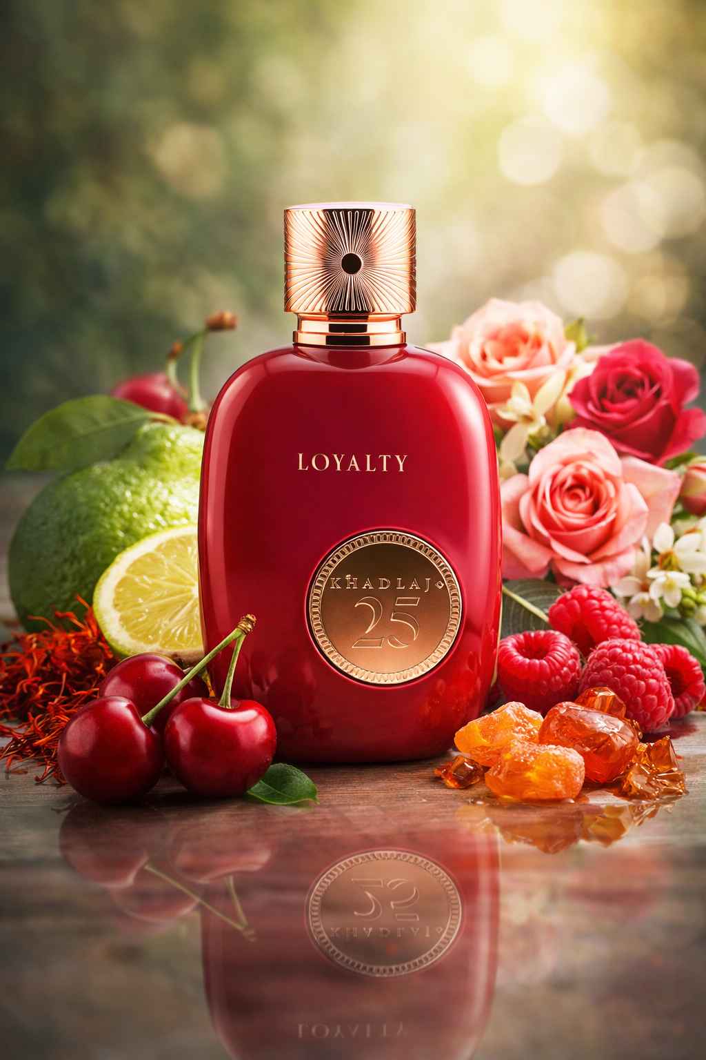 Khadlaj 25 Loyalty rodeado de cereza bergamota y flores en ambiente natural