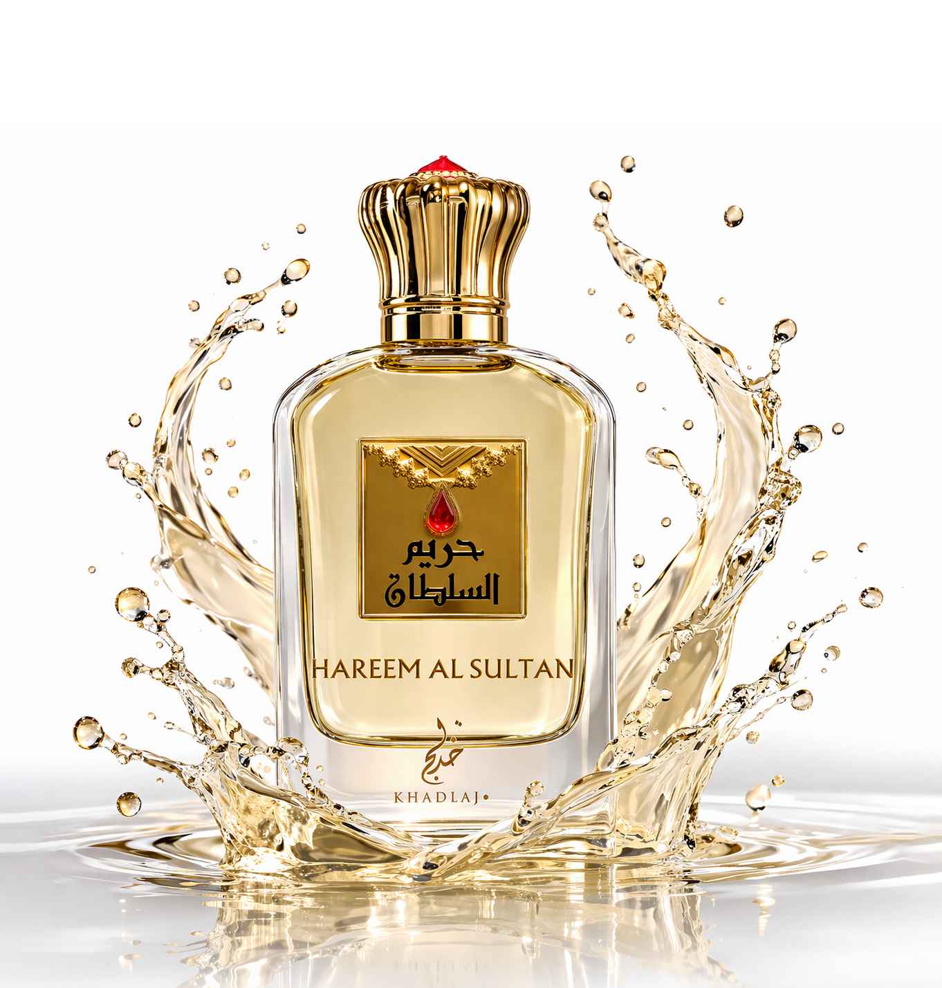 Khadlaj Hareem Al Sultan Gold splash con líquido dorado en movimiento elegante
