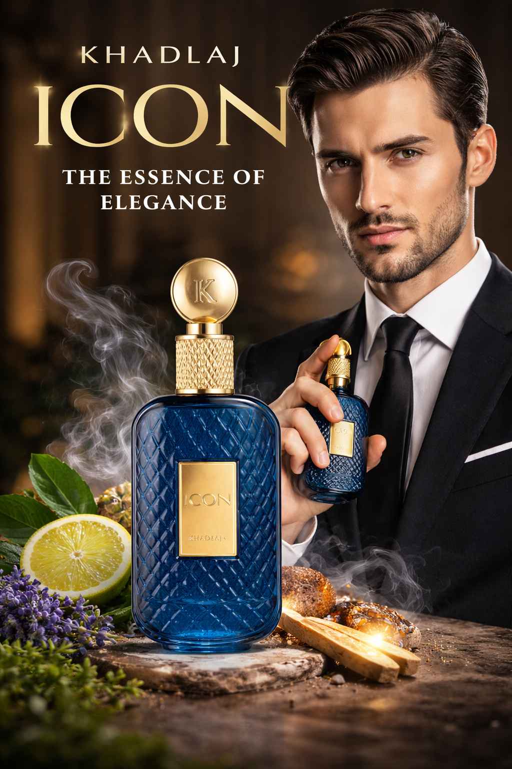 Khadlaj Icon modelo masculino sujetando el perfume en escena publicitaria sofisticada