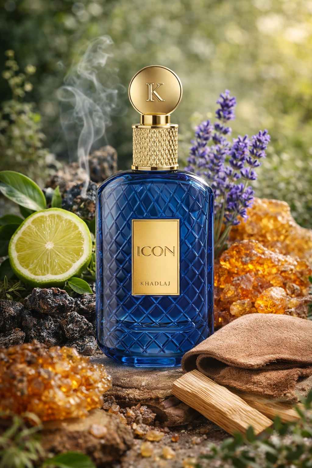 Khadlaj Icon composición natural con lavanda, cítrico e incienso en escena realista