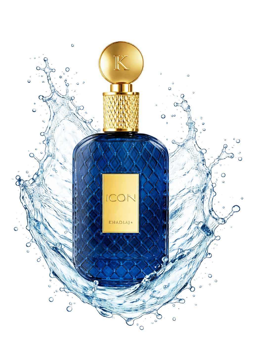 Khadlaj Icon frasco con líquido azul en movimiento tipo splash dinámico sobre fondo claro