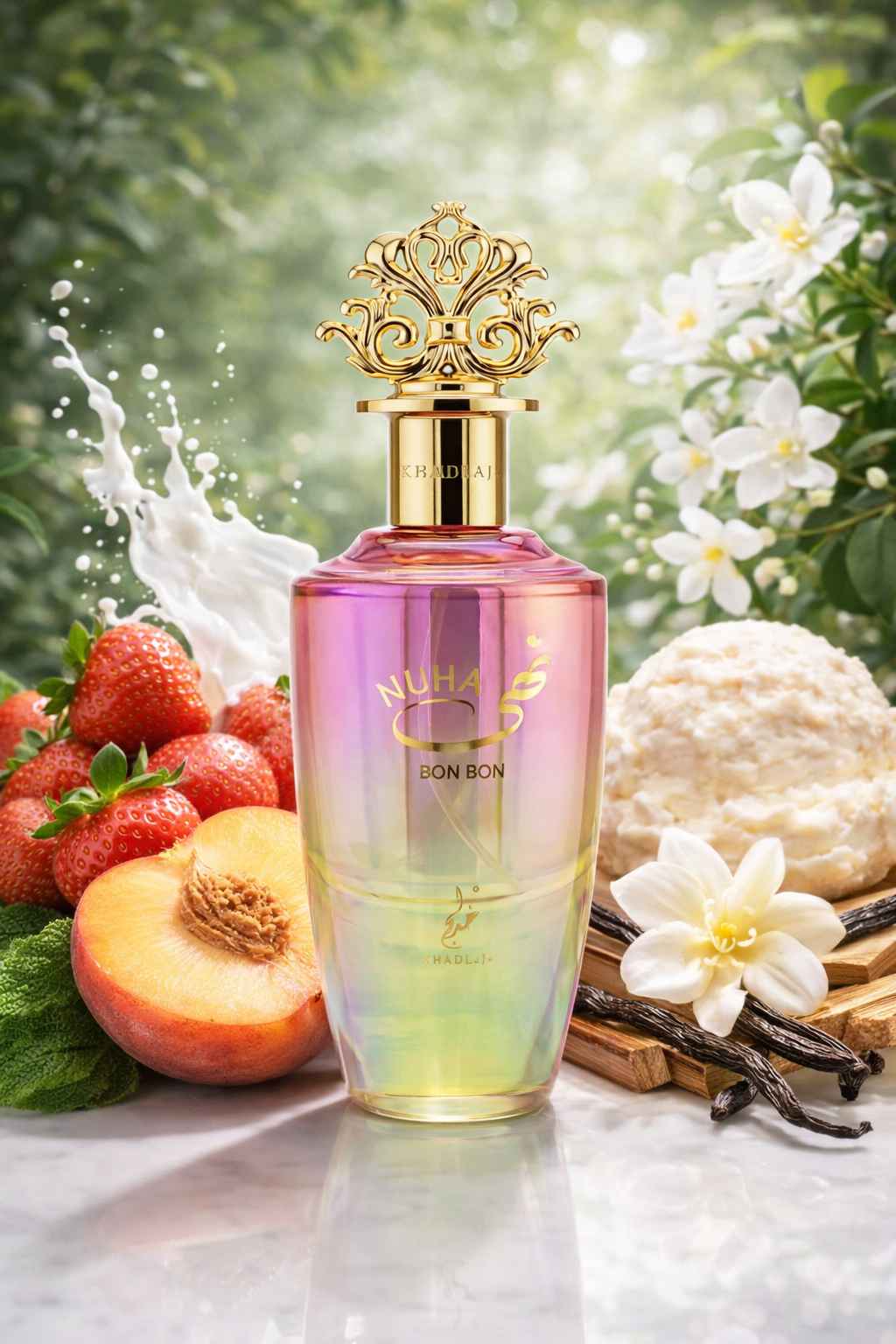 Khadlaj Nuha Bon Bon rodeado de fresa y leche en escena natural estilo postre