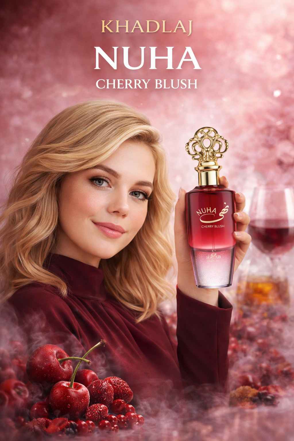 Khadlaj Strawberry Shake escena publicitaria con modelo en estilo juvenil y moderno