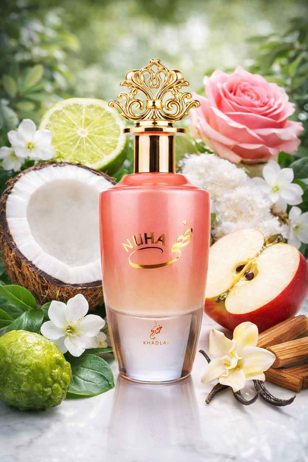 Khadlaj Nuha escena con coco y manzana en composición luminosa de inspiración tropica