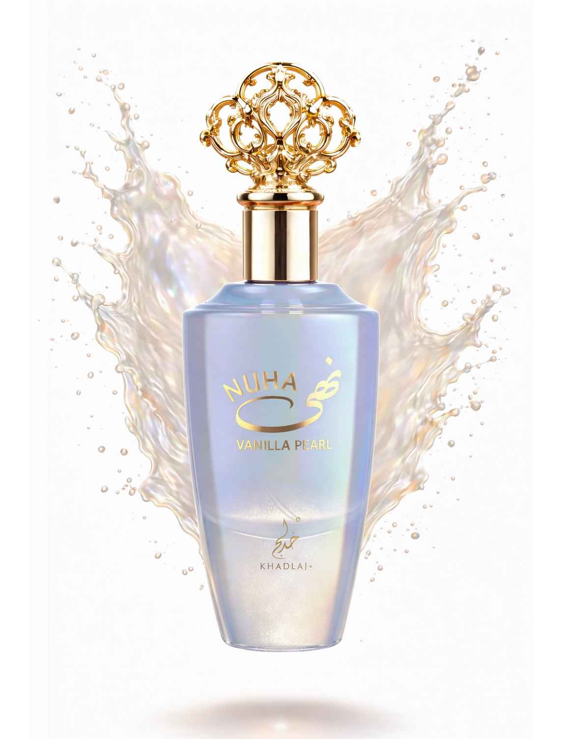 Khadlaj Nuha Vanilla Pearl frasco con líquido en movimiento en tonos claros y suaves