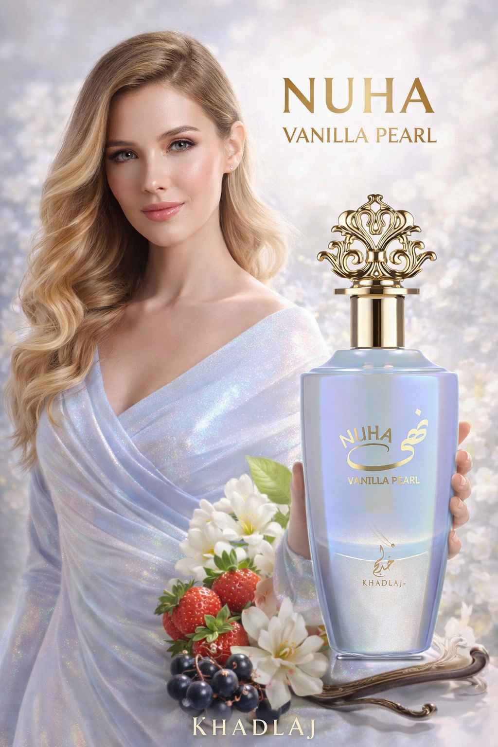 Khadlaj Nuha Vanilla Pearl modelo vestida elegante en anuncio publicitario
