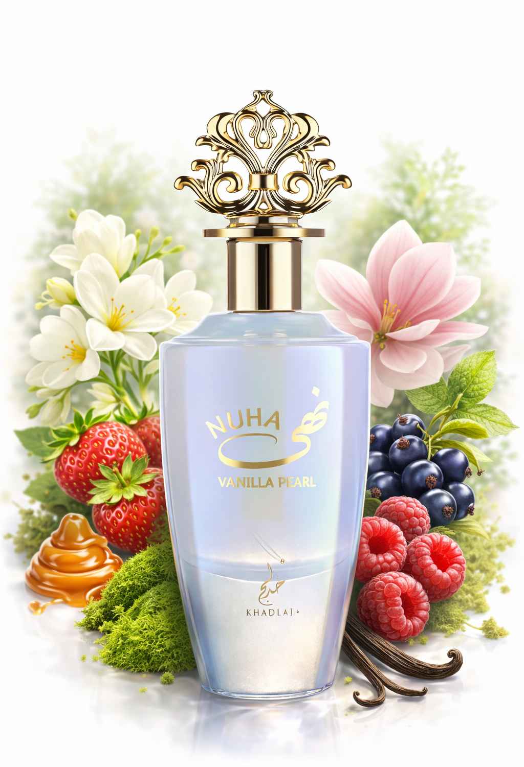 Khadlaj Nuha Vanilla Pearl composición con frutas rojas y fondo natural iluminado