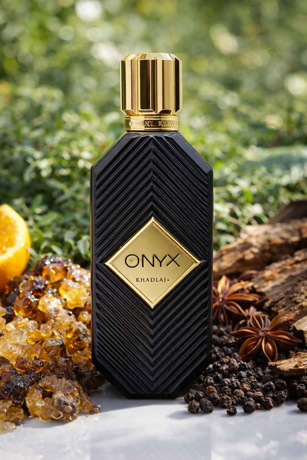 Khadlaj Onyx composición natural con resinas, madera y especias en entorno realista