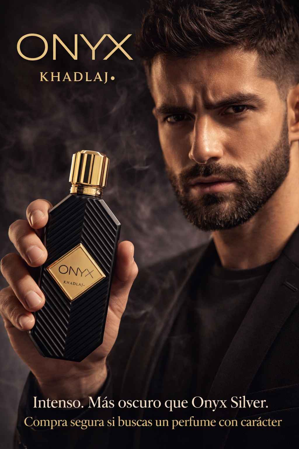 Khadlaj Onyx modelo elegante sosteniendo el perfume en anuncio con ambiente nocturno