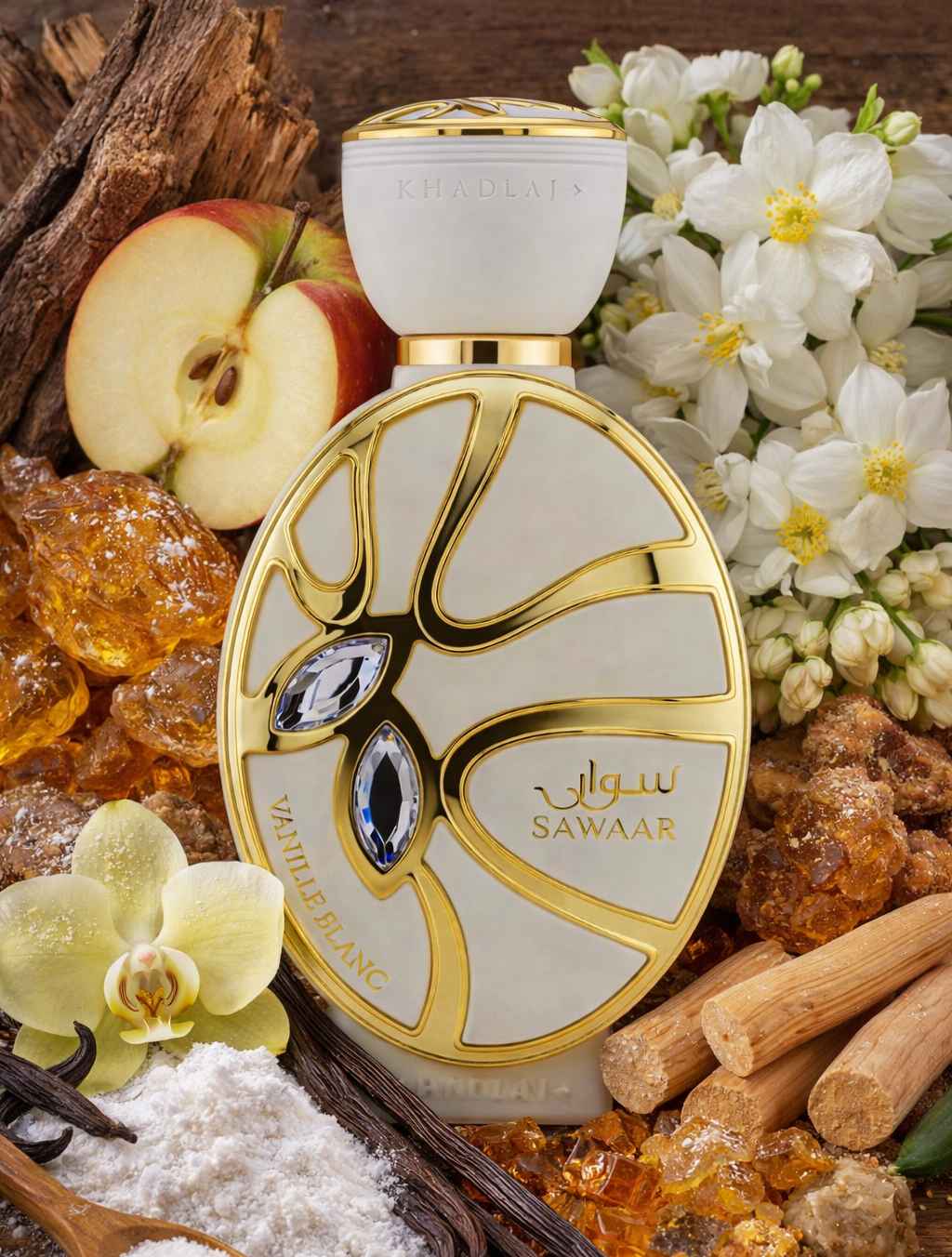 Frasco de Sawaar Vanille Blanc rodeado de vainilla y frutas en ambiente natural