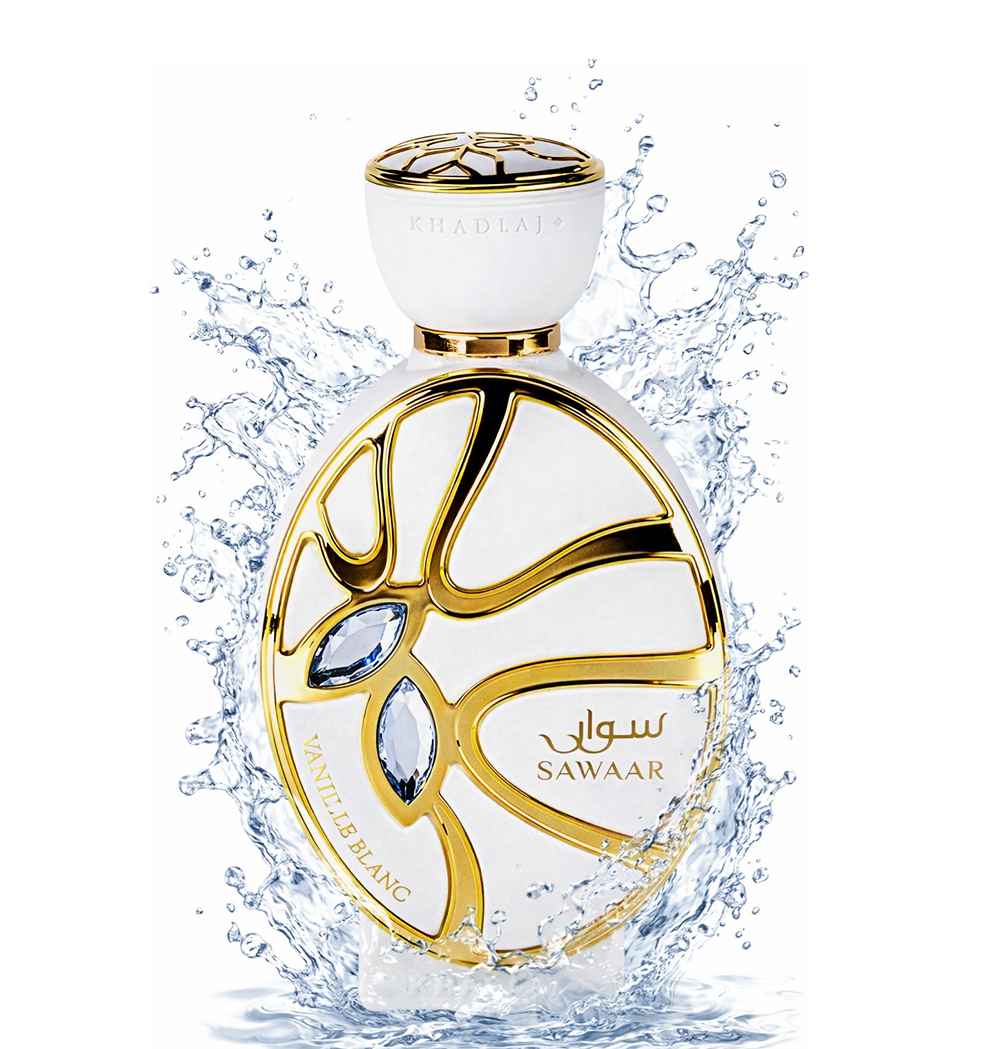 Perfume Khadlaj Sawaar Vanille Blanc con efecto splash y líquido en movimiento blanco
