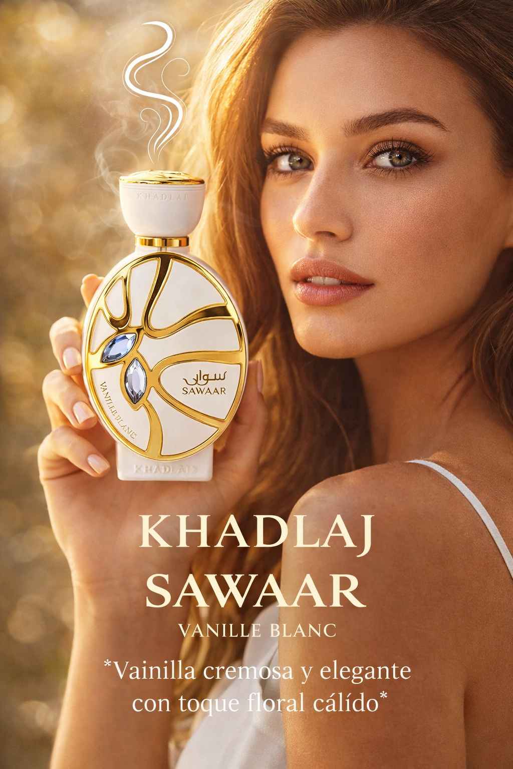 Imagen publicitaria elegante con modelo sosteniendo Sawaar Vanille Blanc