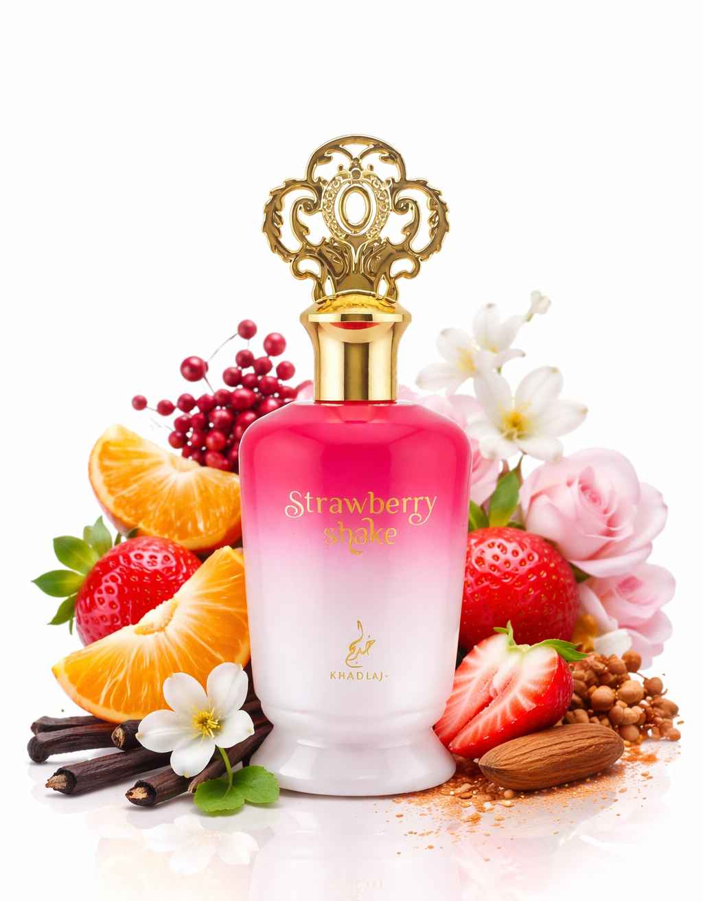 Khadlaj Strawberry Shake imagen real del perfume mostrando tamaño y diseño completo