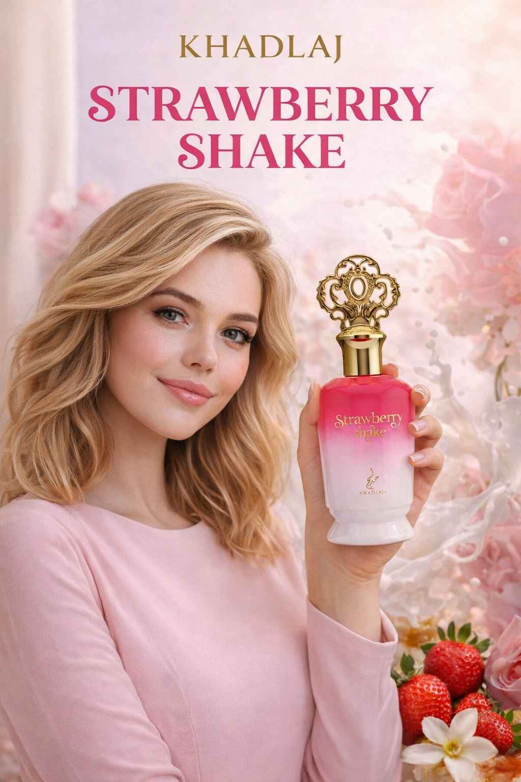 Khadlaj Strawberry Shake escena publicitaria con modelo en estilo juvenil y moderno